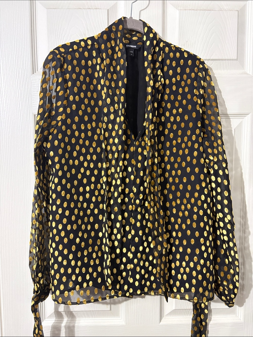 Express Black Blouse with Metallic Gold Dot Pattern